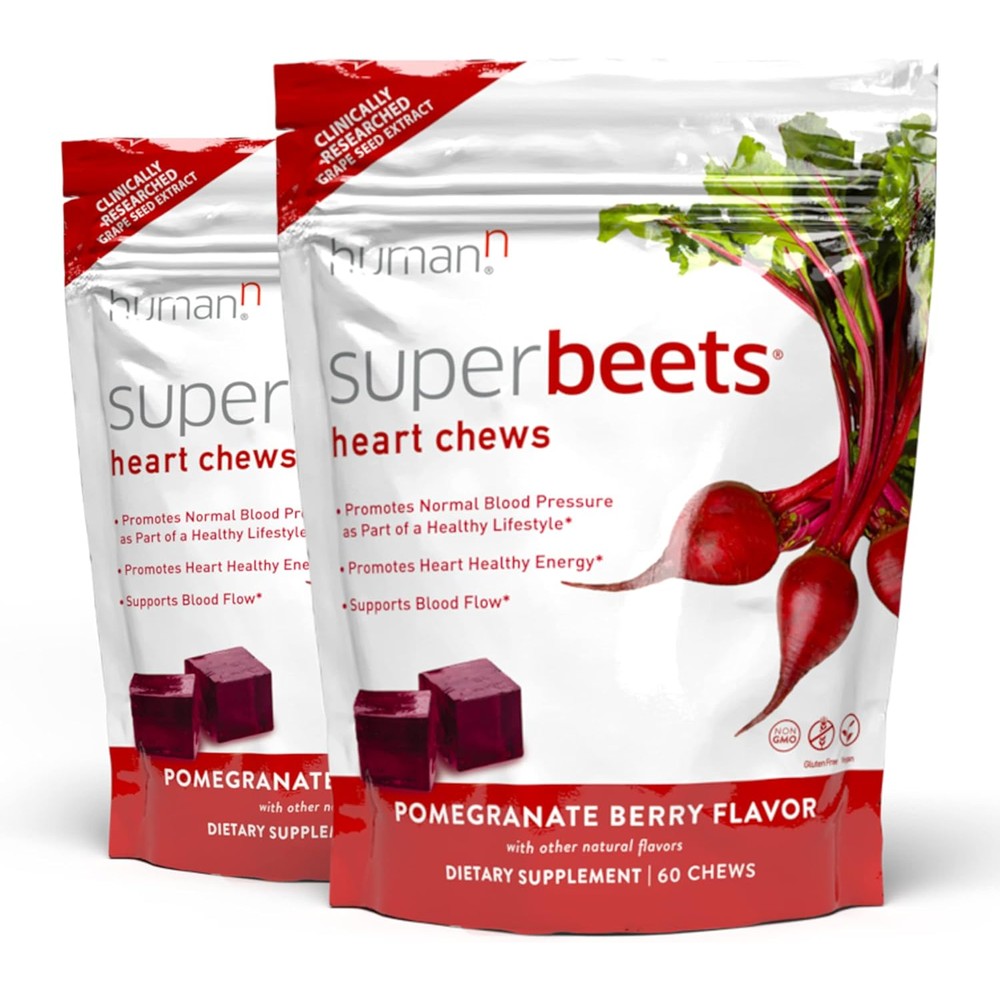 Humann SuperBeets Heart Chews - Nitric Oxide Production Support - Grape Seed Extract & Non-GMO Beet Energy Chew - Pomegranate Berry Flavor - 120 Count (Total)