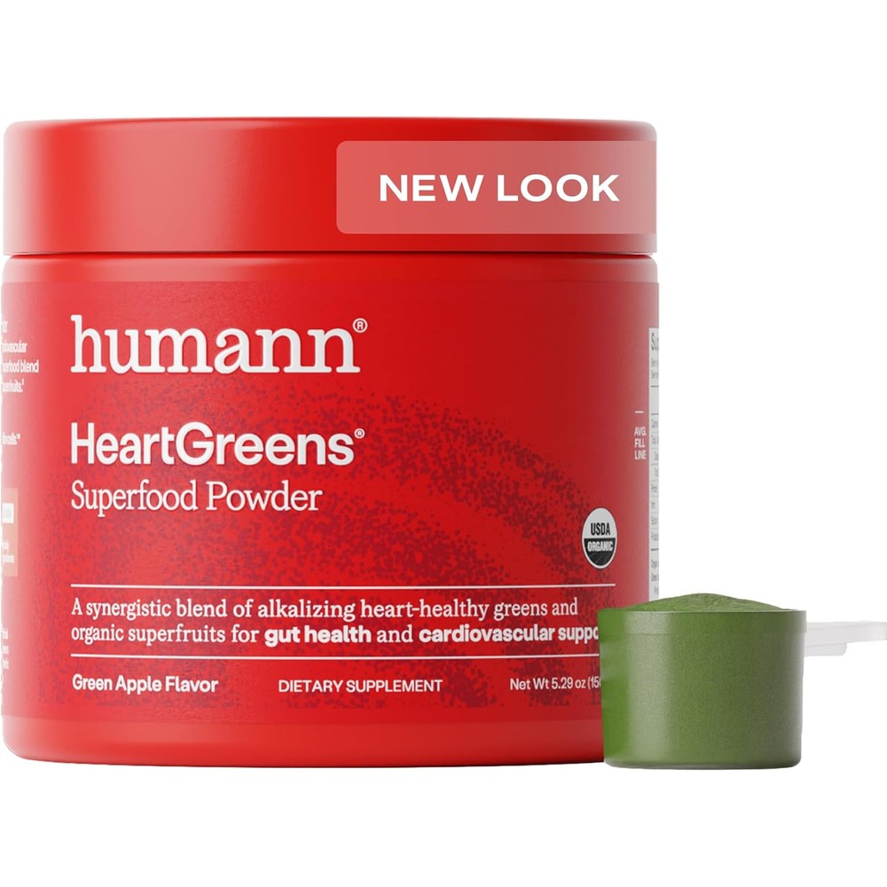 Humann HeartGreens | Superfood Organic Powder with Wheatgrass, Kale, Spinach, and Spirulina, USDA Organic Non-GMO, from The Makers of SuperBeets (Green Apple Flavor, 5.29-Ounce