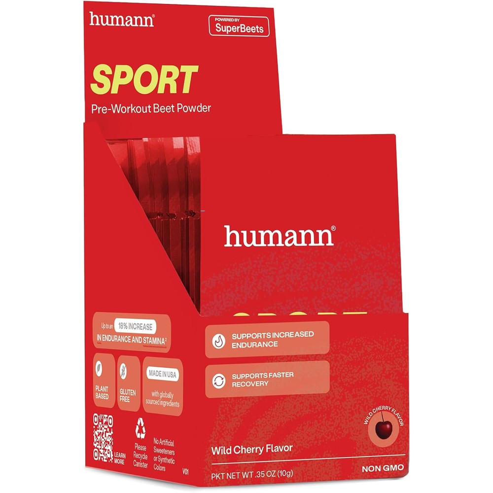 Humann SuperBeets Sport Endurance Pre Workout Powder, Nitric Oxide Supplement, Stimulant & Caffeine Free, Made with Beet Root, Wild Cherry, 10 Count Packets