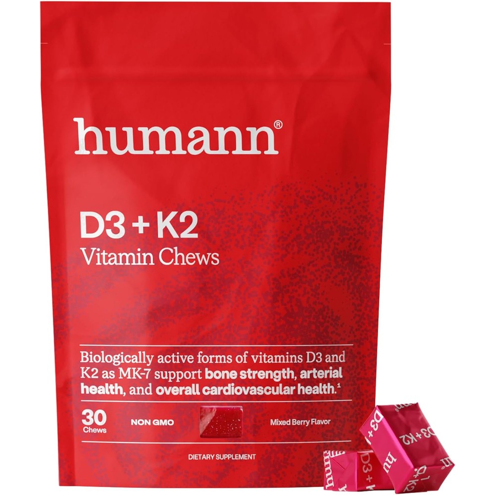 Humann Vitamin D3 + K2 Chews - High Potency Vitamin D 5000iu (125mcg) Helps Support Healthy Mood, Immunity, Cardiovascular, Respiratory Health & Bone Health, Mixed Berry Flavor, 30 Count
