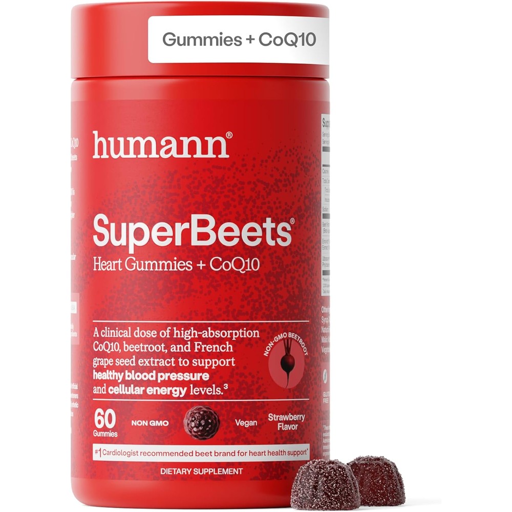 Humann SuperBeets 3-in-1 Heart Gummies - 3x Absorption CoQ10 - Plus Beetroot Extract & Grape Seed Extract for Advanced Heart Health, Cellular Energy & Circulation Support, Vegan, Gluten Free, 60 count