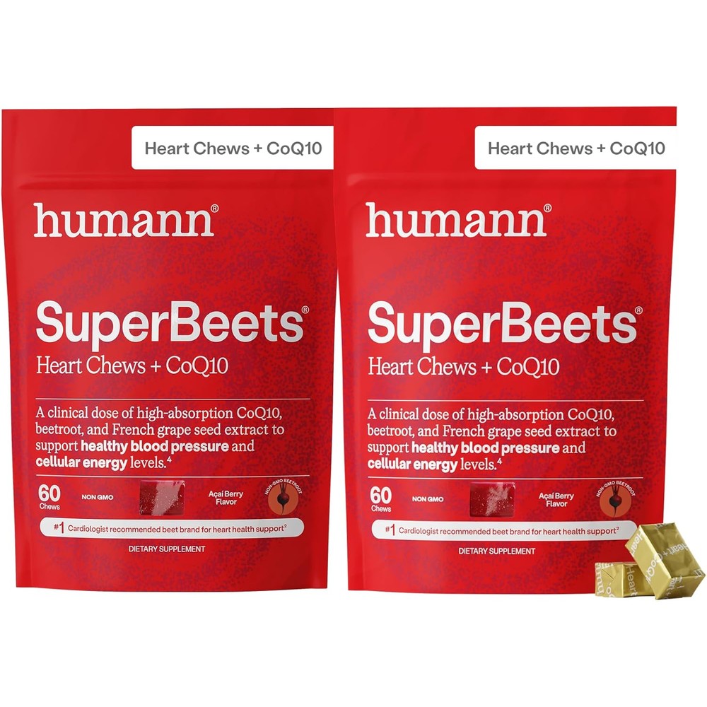 Humann SuperBeets Heart Chews + CoQ10-150mg of CoQ10 Plus Beetroot & Grape Seed Extract, Blood Pressure Support, Support Healthy Blood Flow, Circulation, 120 Count