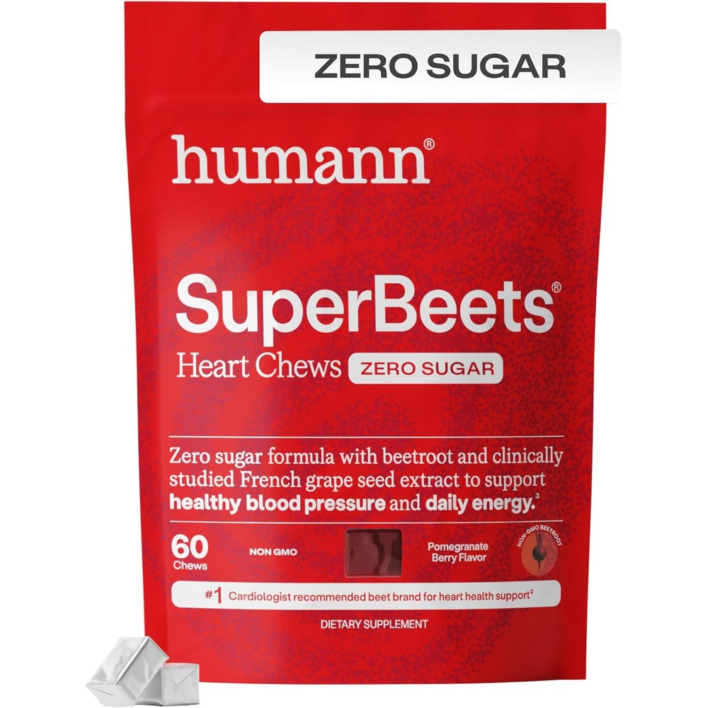 Humann SuperBeets Heart Chews Zero Sugar, Beet Root Supplement, Energy, Nitric Oxide and Blood Pressure Support, Grape Seed Extract & Non-GMO, Heart Health, Pomegranate Berry Flavor, 60 Count