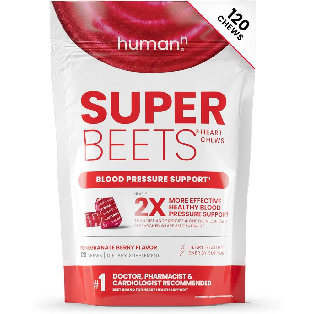 Humann SuperBeets Heart Chews, Beet Root Powder Support Energy Supplement, Nitric Oxide and Blood Pressure Support, Grape Seed Extract & Non-GMO, Heart Health, Pomegranate Berry Flavor, 120 Count