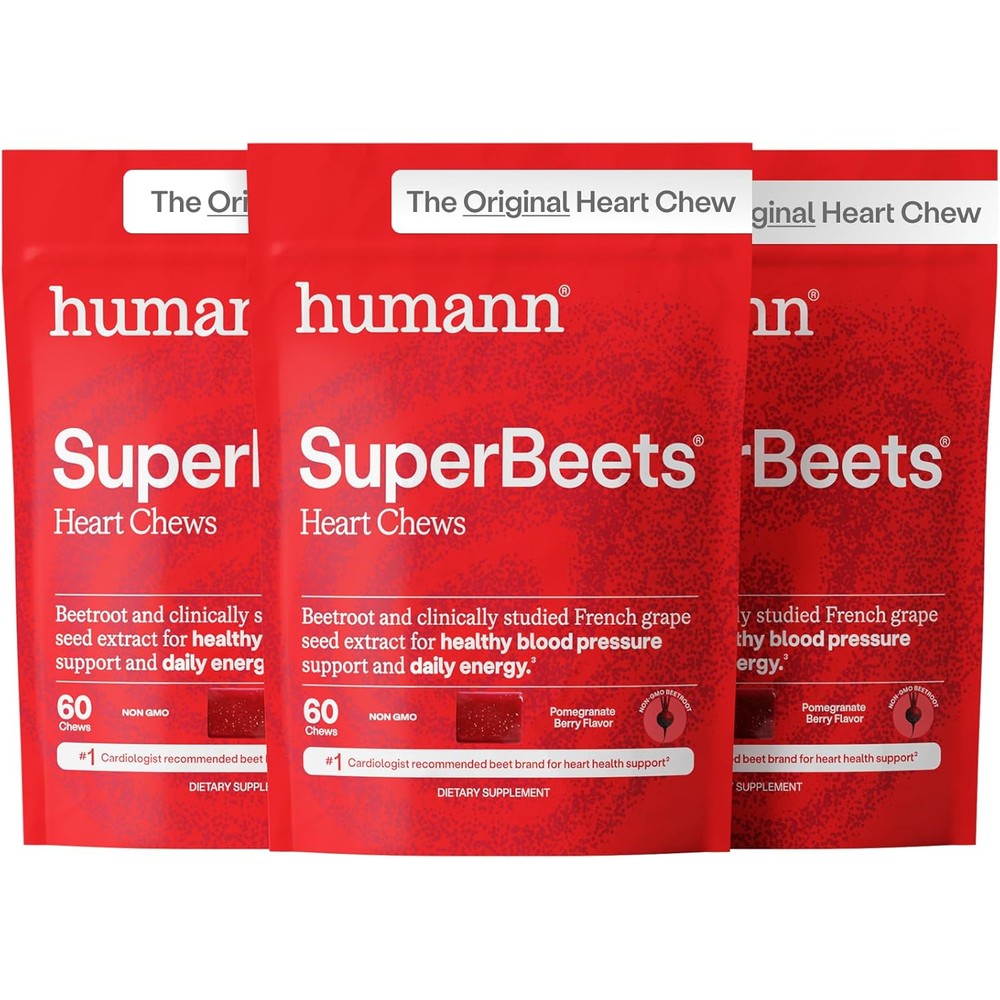 Humann SuperBeets Heart Chews, Beet Root Powder Support Energy Supplement, Nitric Oxide and Blood Pressure Support, Grape Seed Extract & Non-GMO, Heart Health, Pomegranate Berry Flavor, 180 Count