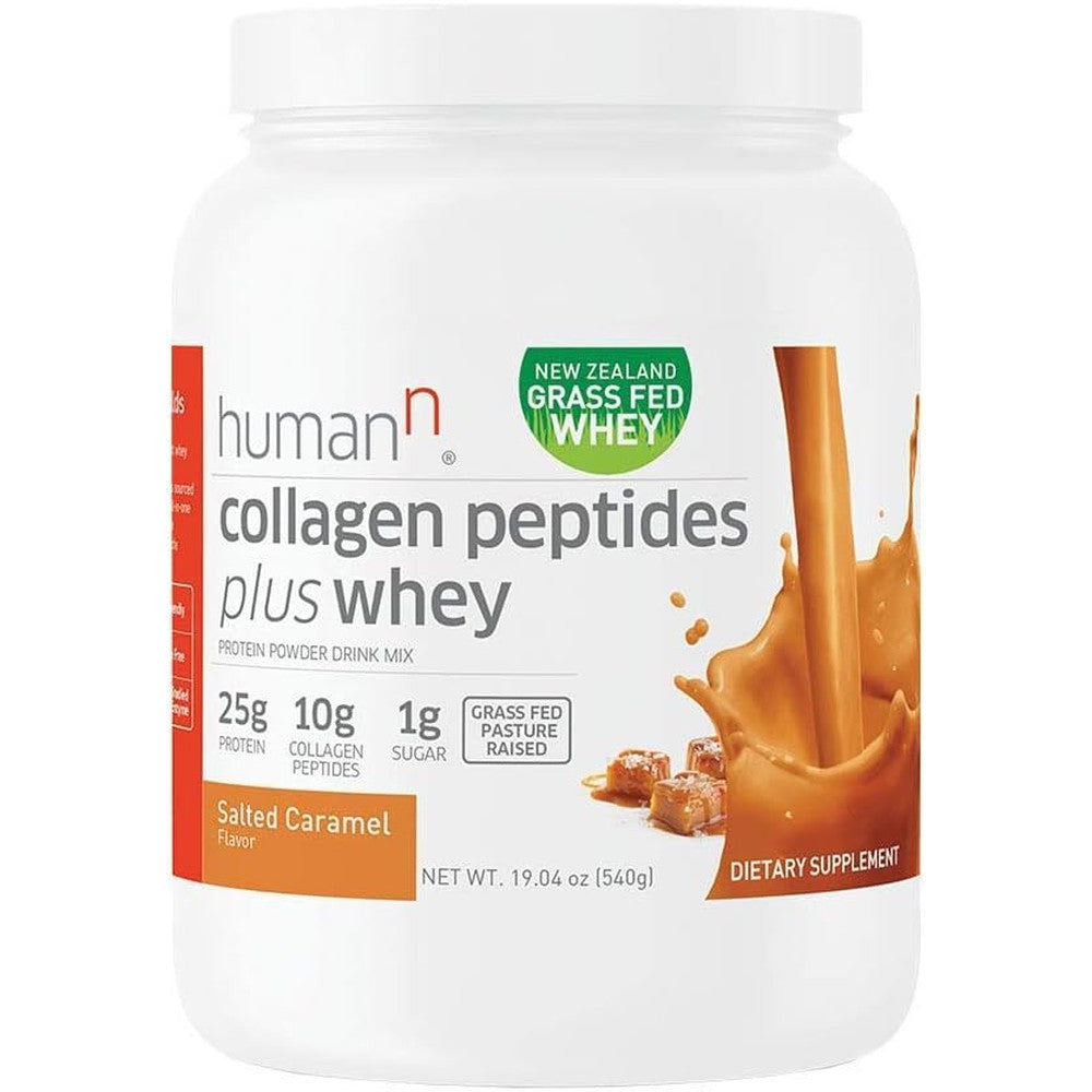 HumanN Collagen Peptides Plus Whey | Low-Carb, Grass-Fed, Pasture-Raised, 10 Grams of Collagen Peptides Plus 15 Grams of Whey Protein, Gluten Free, Soy Free, Non-GMO, Type I and III(Salted Caramel)
