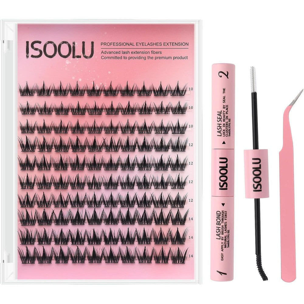 ISOOLU Lash Clusters Manga Individual Lashes Wispy Eyelash Clusters WideSpan Eyelash Extension Kit with Lash Bond and Seal Wet-Look Spiky Cluster Lashes (Cutey KIT 240)