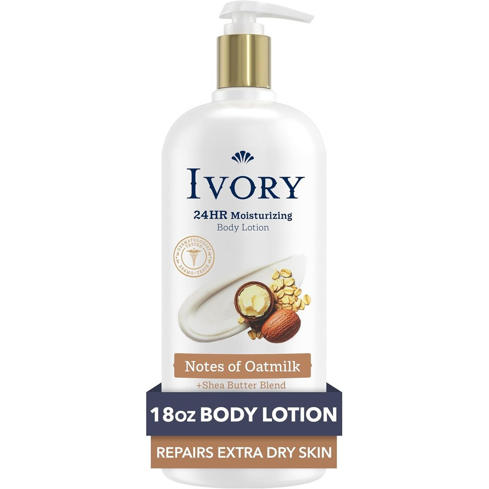 Ivory Hand & Body Lotion, 24hr Moisturizing, Repairs Extra Dry Skin, All Day Hydration, Lightweight Formula, Absorbs Instantly, Perfect for Daily Use, Shea Butter Blend, Oatmilk Scent, 18 fl oz