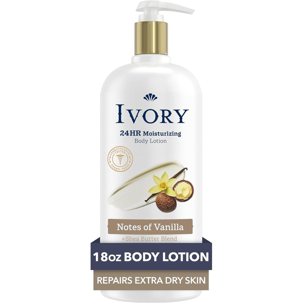 Ivory Hand & Body Lotion, 24hr Moisturizing, Repairs Extra Dry Skin, All Day Hydration, Lightweight Formula, Absorbs Instantly, Perfect for Daily Use, Shea Butter Blend, Vanilla Scent, 18 fl oz