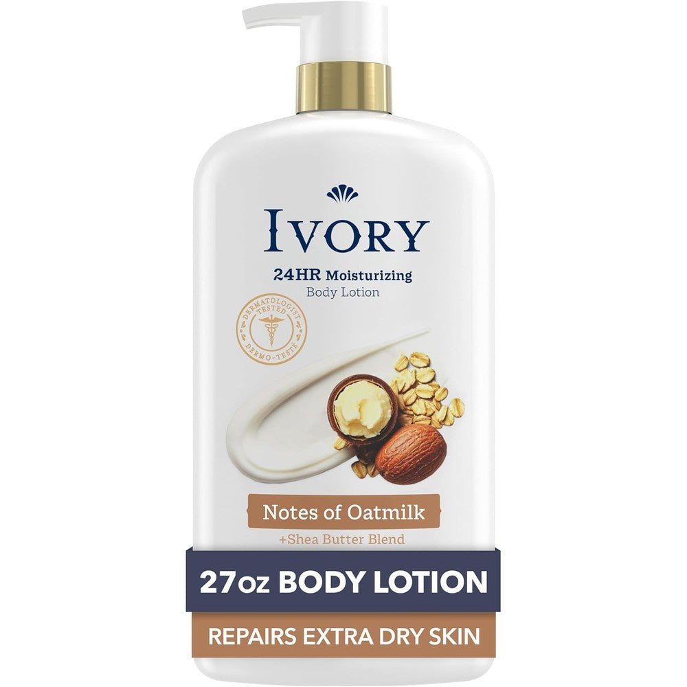 Ivory Hand & Body Lotion, 24hr Moisturizing, Repairs Extra Dry Skin, All Day Hydration, Lightweight Formula, Absorbs Instantly, Perfect for Daily Use, Shea Butter Blend, Oatmilk Scent, 27 fl oz