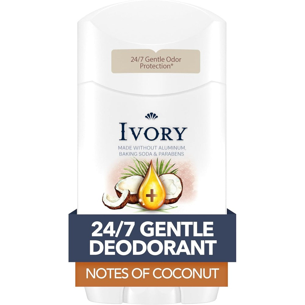 Ivory Aluminum Free Deodorant, Notes of Coconut, 24hr Gentle Deodorant, Dermatologist Tested, Baking Soda Free, Paraben Free, 2.4 oz