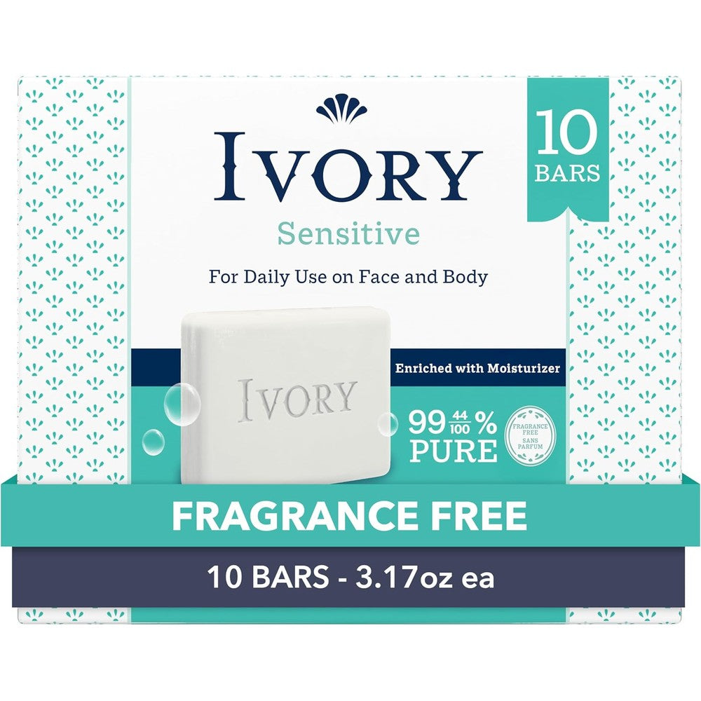 Ivory Sensitive Bar Soap, Designed for Whole Family, Fragrance Free, 99.44% Pure Formula, Plant-Based Cleanser, Made Without Heavy Perfume, Parabens, Phthalates, For All Skin Types, 3.17 oz (10 Count)