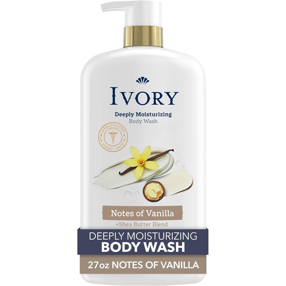 Ivory Body Wash, Deeply Moisturizing, 24hr Nourishing Hydration, Soothes Itchy Dry Skin, Made with Shea Butter Blend, Free of Dyes Heavy Perfumes Parabens & Phthalates, Vanilla Scent, 27 oz