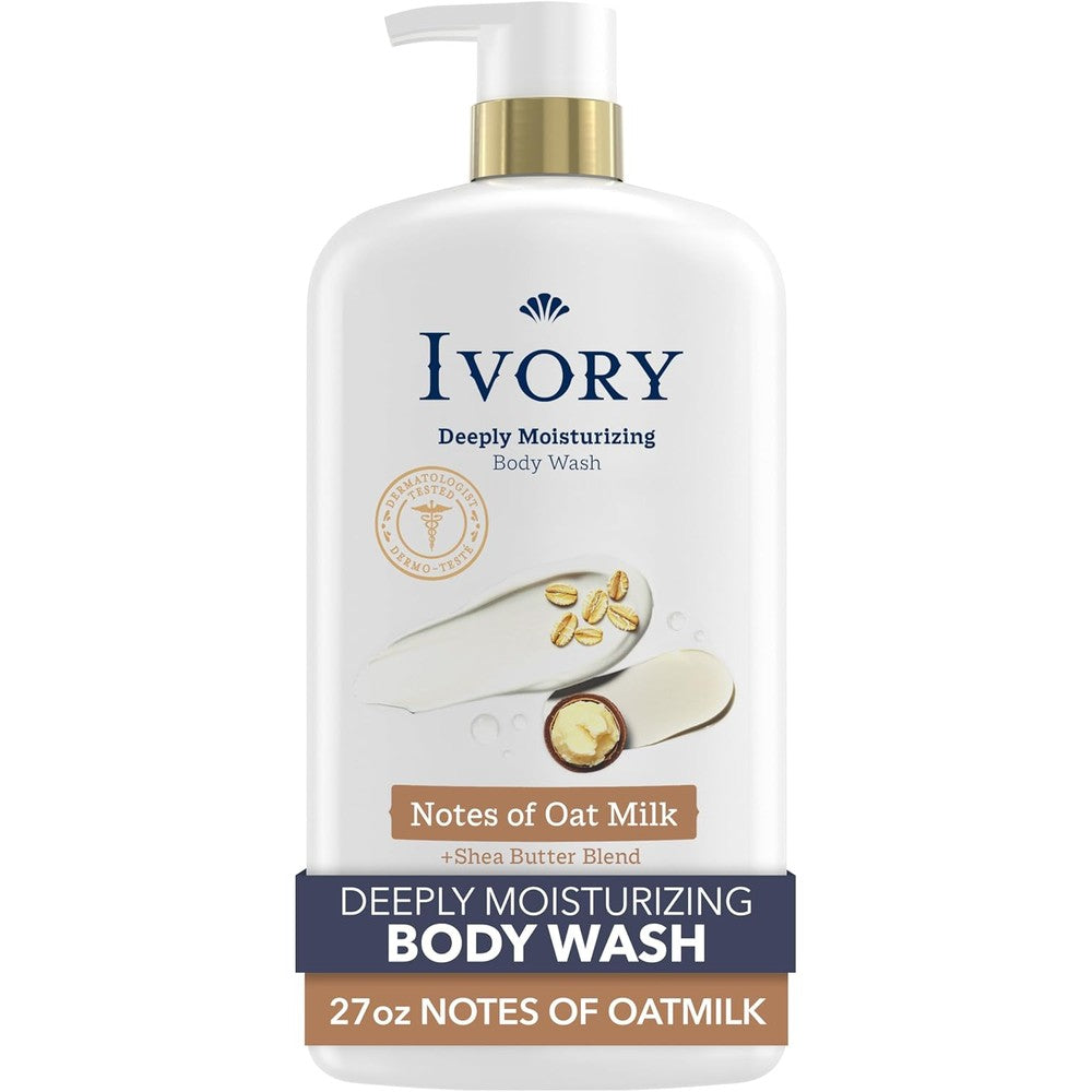 Ivory Body Wash, Deeply Moisturizing, 24hr Nourishing Hydration, Soothes Itchy Dry Skin, Made with Shea Butter Blend, Free of Dyes Heavy Perfumes Parabens & Phthalates, Oatmilk Scent, 27 oz