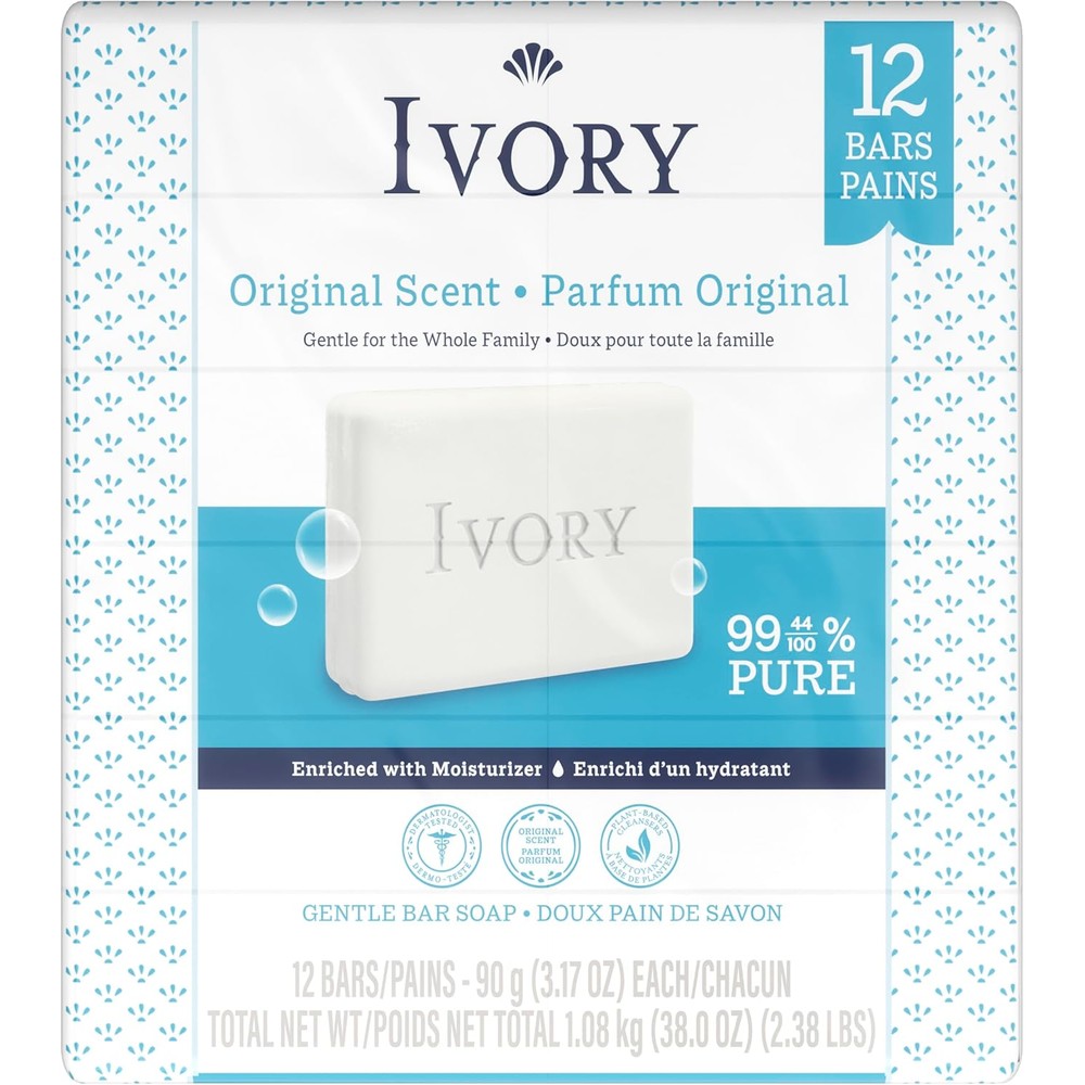Ivory Gentle Bar Soap, Designed for Whole Family, 99.44% Pure Formula, Plant-Based Cleanser, Made Without Heavy Perfumes, Parabens & Phthalates, For All Skin Types, Original Scent, 3.17 oz (12 Count)
