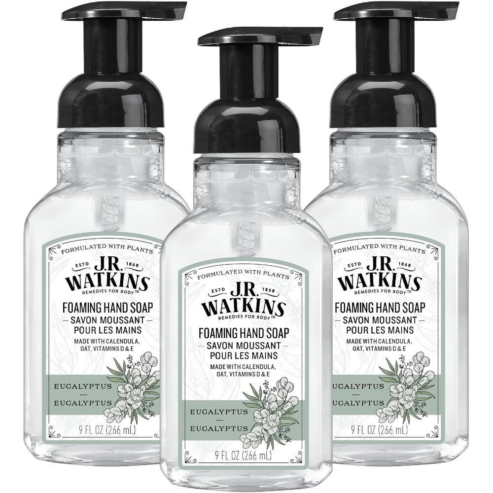 J.R. Watkins Foaming Hand Soap Pump with Dispenser, Moisturizing Hand Soap Foam, Alcohol-Free, Cruelty-Free, Use for Kitchen or Bathroom, Eucalyptus, 9 fl oz,3 Pack