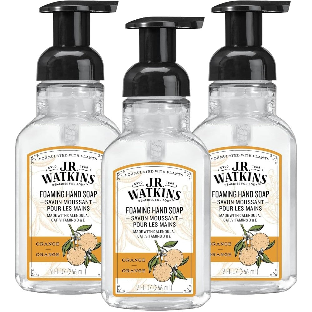 J.R. Watkins Foaming Hand Soap Pump with Dispenser, Moisturizing Hand Soap Foam, Alcohol-Free and Cruelty-Free, Use for Kitchen or Bathroom, Orange, 9 fl oz, 3 Pack