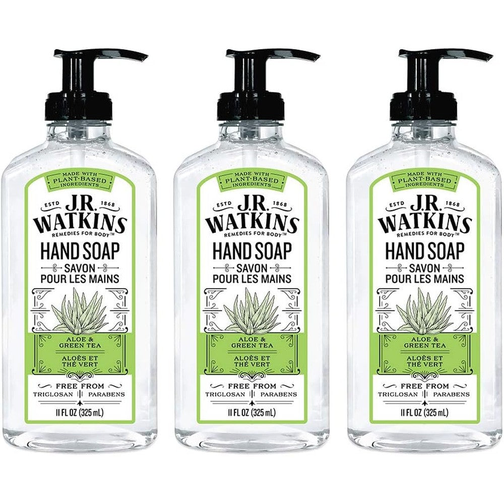 J.R. Watkins Gel Hand Soap, Scented Liquid Hand Wash for Bathroom or Kitchen, USA Made and Cruelty Free, 11 fl oz, Aloe & Green Tea, 3 Pack