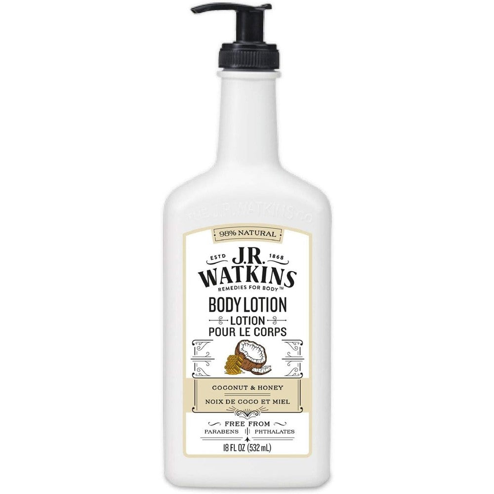 J.R. Watkins Daily Moisturizing Lotion - Body Cream in Pump Dispenser - Hydrating Skin Cream Made with Shea Butter, Cocoa Butter, Coconut Oil & Vitamin E, Coconut Milk & Honey, 18 fl oz
