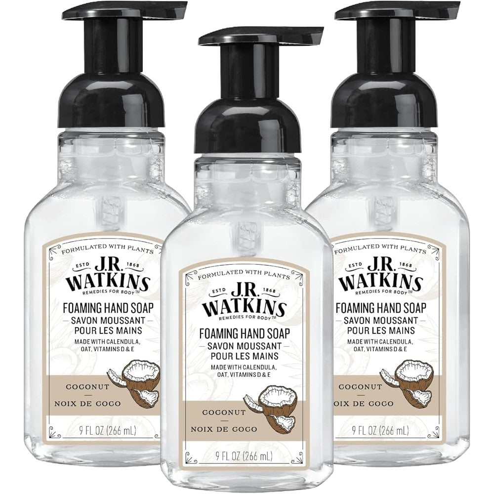 J.R. Watkins Foaming Hand Soap Pump with Dispenser, Moisturizing Hand Soap Foam, Alcohol-Free and Cruelty-Free, Use for Kitchen or Bathroom, Coconut, 9 fl oz, 3 Pack