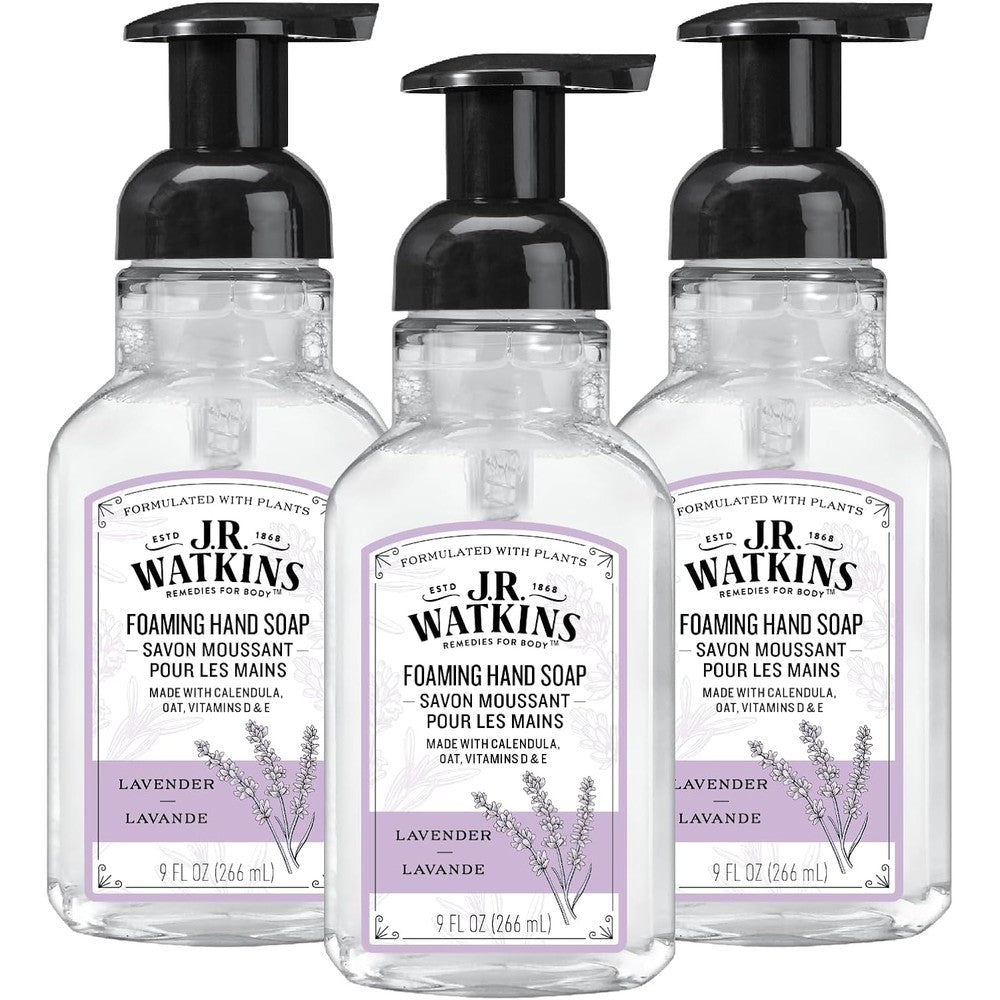 J.R. Watkins Foaming Hand Soap with Pump Dispenser, Moisturizing Foam Hand Wash, Alcohol-Free, Cruelty-Free, Lavender, 9 fl oz, 3 Pack