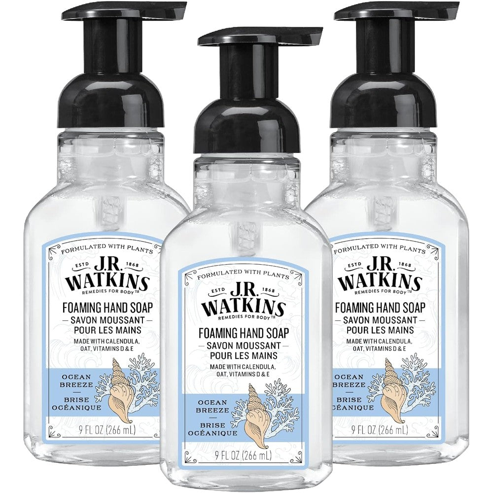 J.R. Watkins Foaming Hand Soap with Pump Dispenser, Moisturizing Foam Hand Wash, Alcohol-Free, Cruelty-Free, Ocean Breeze, 9 fl oz, 3 Pack