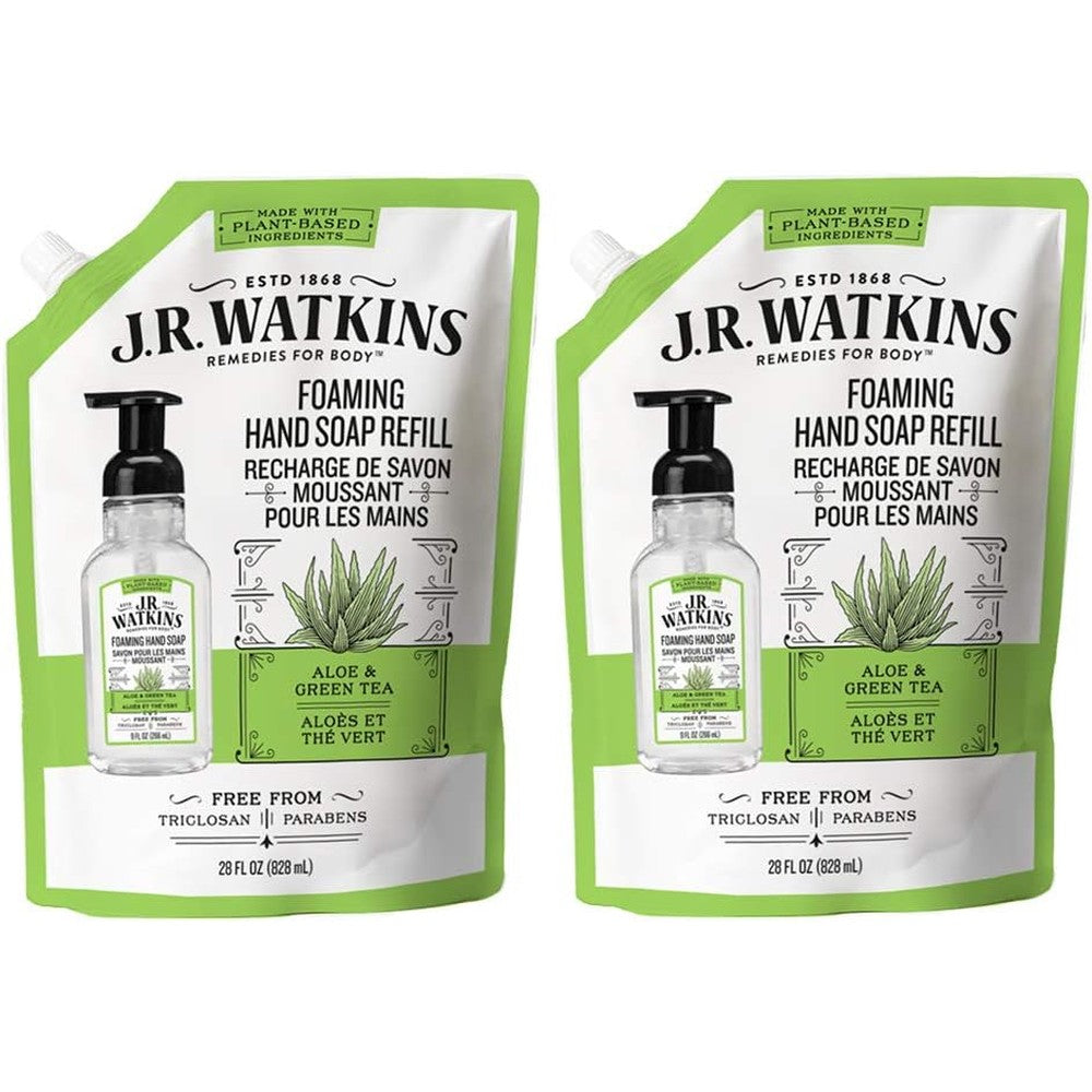 J.R. Watkins Foaming Hand Soap Refill Pouch, Scented Foam Handsoap for Bathroom or Kitchen, USA Made and Cruelty Free, 28 fl oz, Aloe & Green Tea, 2 Pack