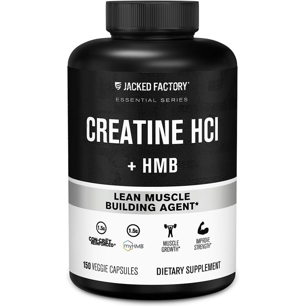Jacked Factory Creatine HCL + HMB Capsules - Synergistic CON-CRET, myHMB, & Vitamin D Formula for Improved Growth, Strength, & Reduced Muscle Breakdown - 150 Capsules