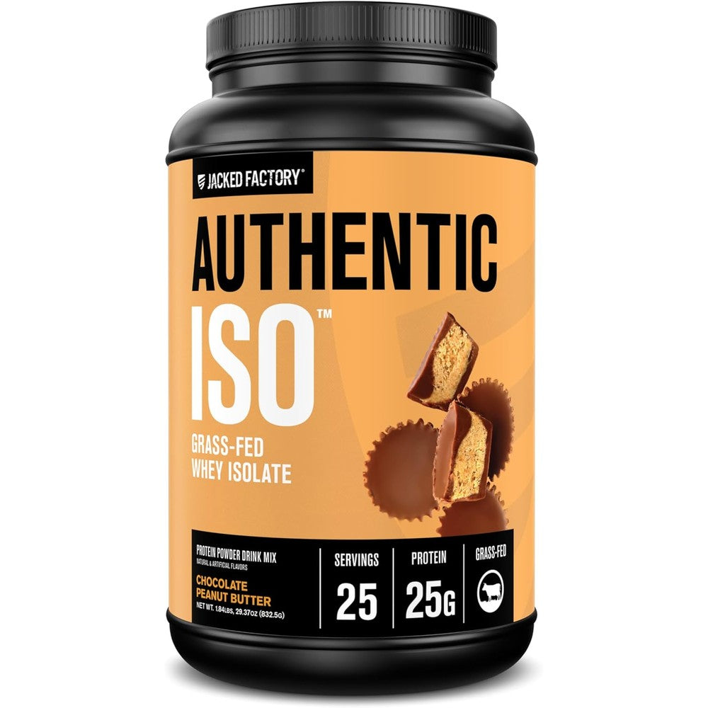 Jacked Factory Authentic ISO Grass Fed Whey Protein Isolate Powder - Low Carb, Non-GMO Muscle Building Protein w/No Fillers, Post Workout Recovery, Chocolate Peanut Butter - 25 Servings