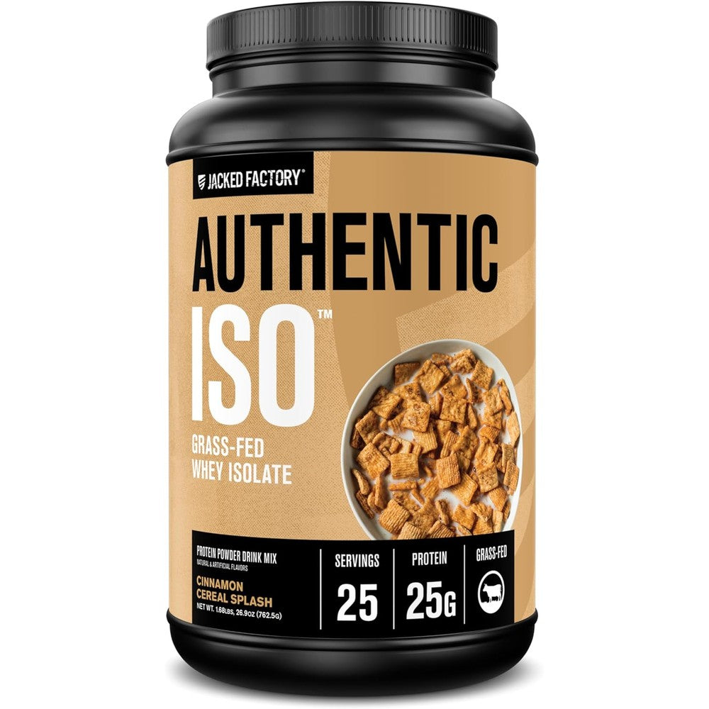 Jacked Factory Authentic ISO Grass Fed Whey Protein Isolate Powder - Low Carb, Non-GMO Muscle Building Protein w/No Fillers, Post Workout Recovery, Cinnamon Cereal Splash - 25 Servings