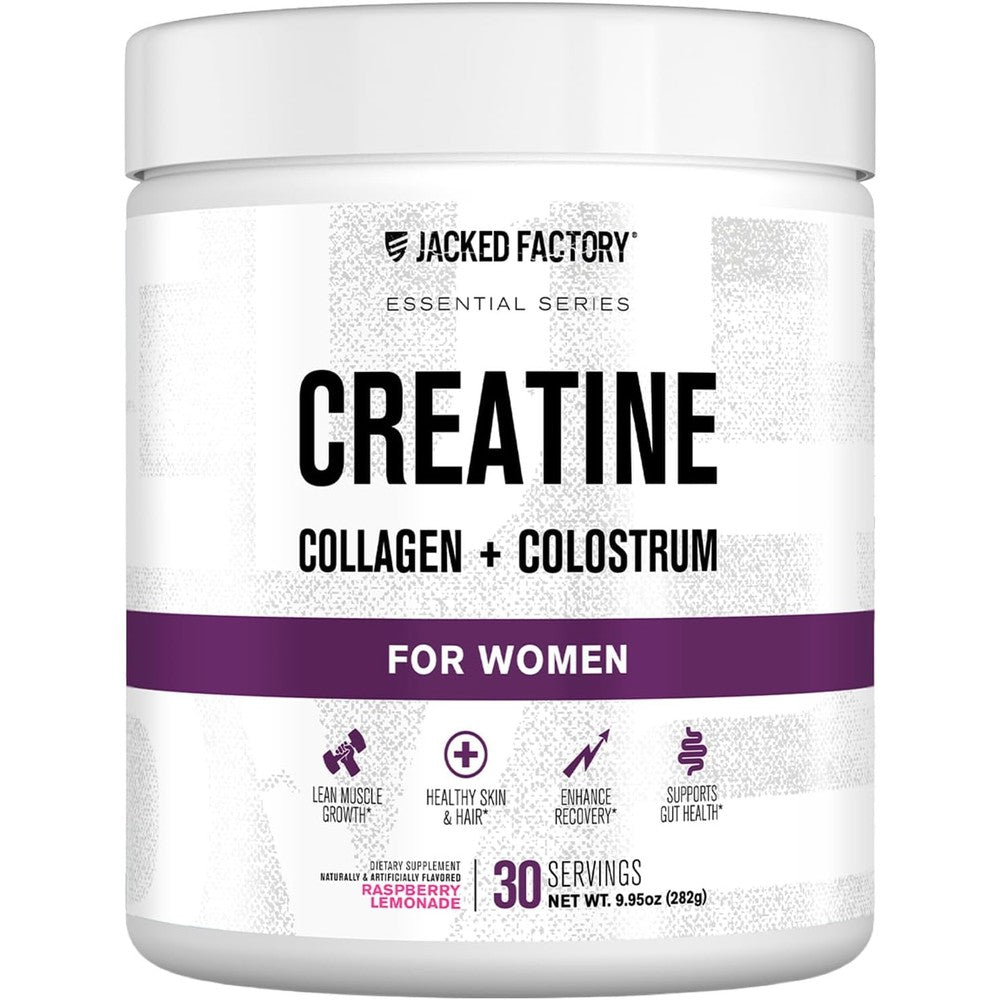 Jacked Factory Creatine for Women - Creatine Monohydrate with Collagen + Colostrum to Support Workout Performance, Lean Muscle Growth, Healthy Hair, Skin, & Nails - 30 Servings, Raspberry Lemonade