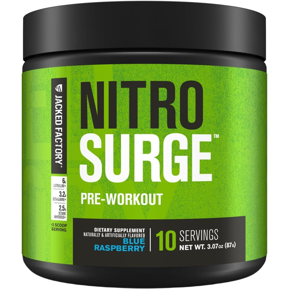 Jacked Factory NITROSURGE Pre Workout Supplement - Endless Energy, Instant Strength Gains, Clear Focus, Intense Pumps - NO Booster & Preworkout Powder with Beta Alanine - 10 Servings, Blue Raspberry