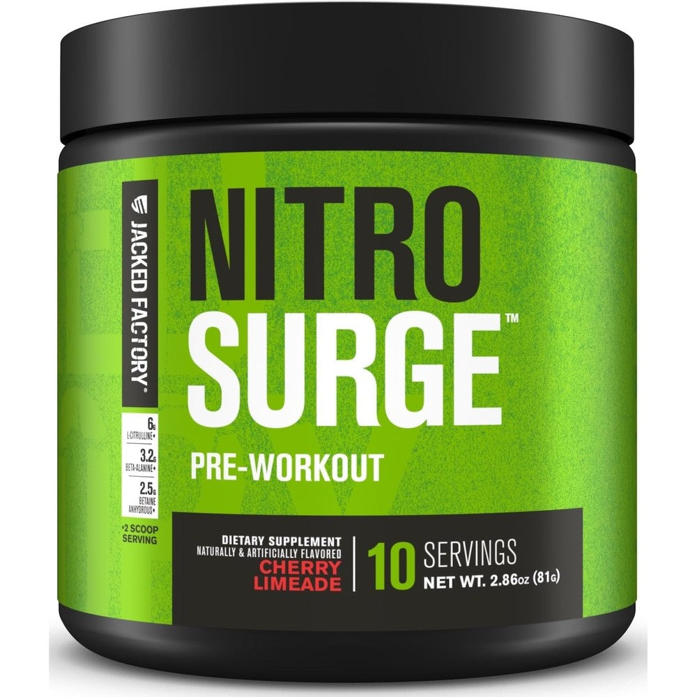 Jacked Factory NITROSURGE Pre Workout Supplement - Endless Energy, Instant Strength Gains, Clear Focus, Intense Pumps - NO Booster & Preworkout Powder with Beta Alanine - 10 Servings, Cherry Limeade