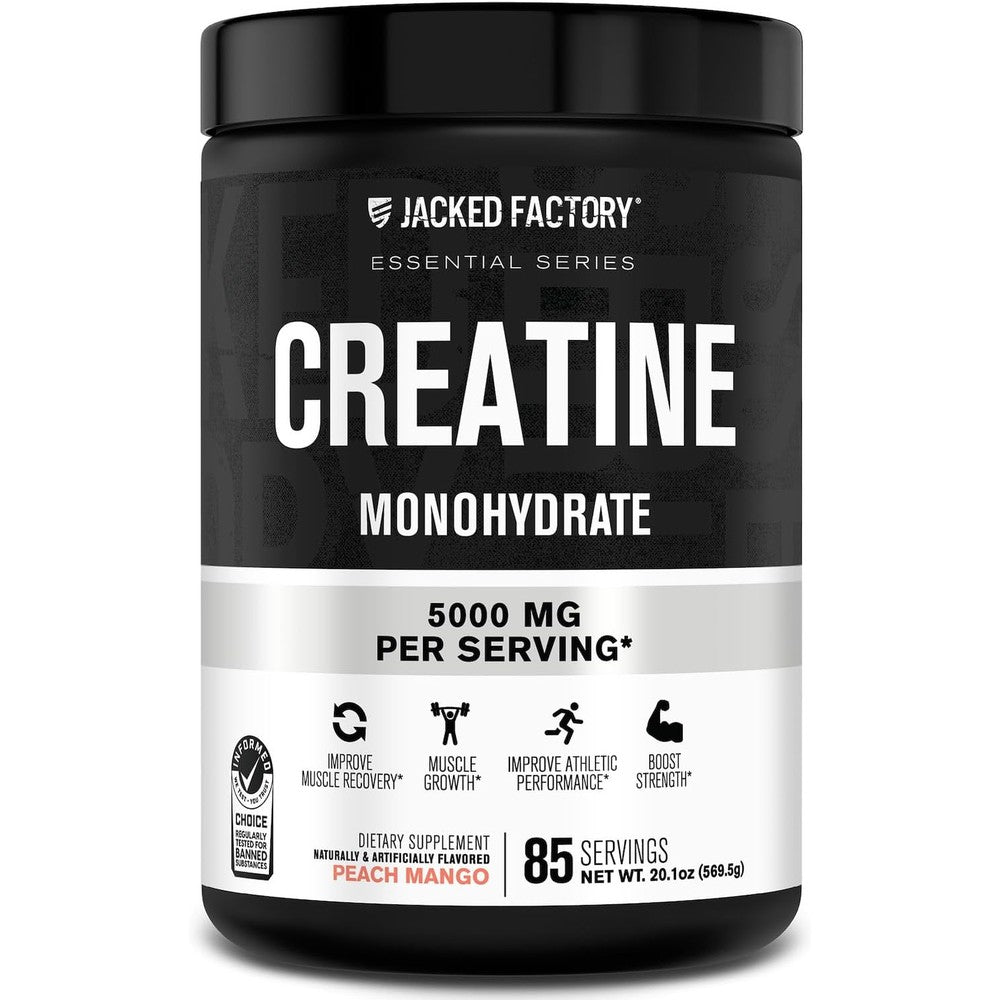 Jacked Factory Creatine Monohydrate Powder 425g - 5g Daily Creatine Supplement for Men and Women, Vegan-Friendly, Third-Party Tested - 85 Servings, Peach Mango