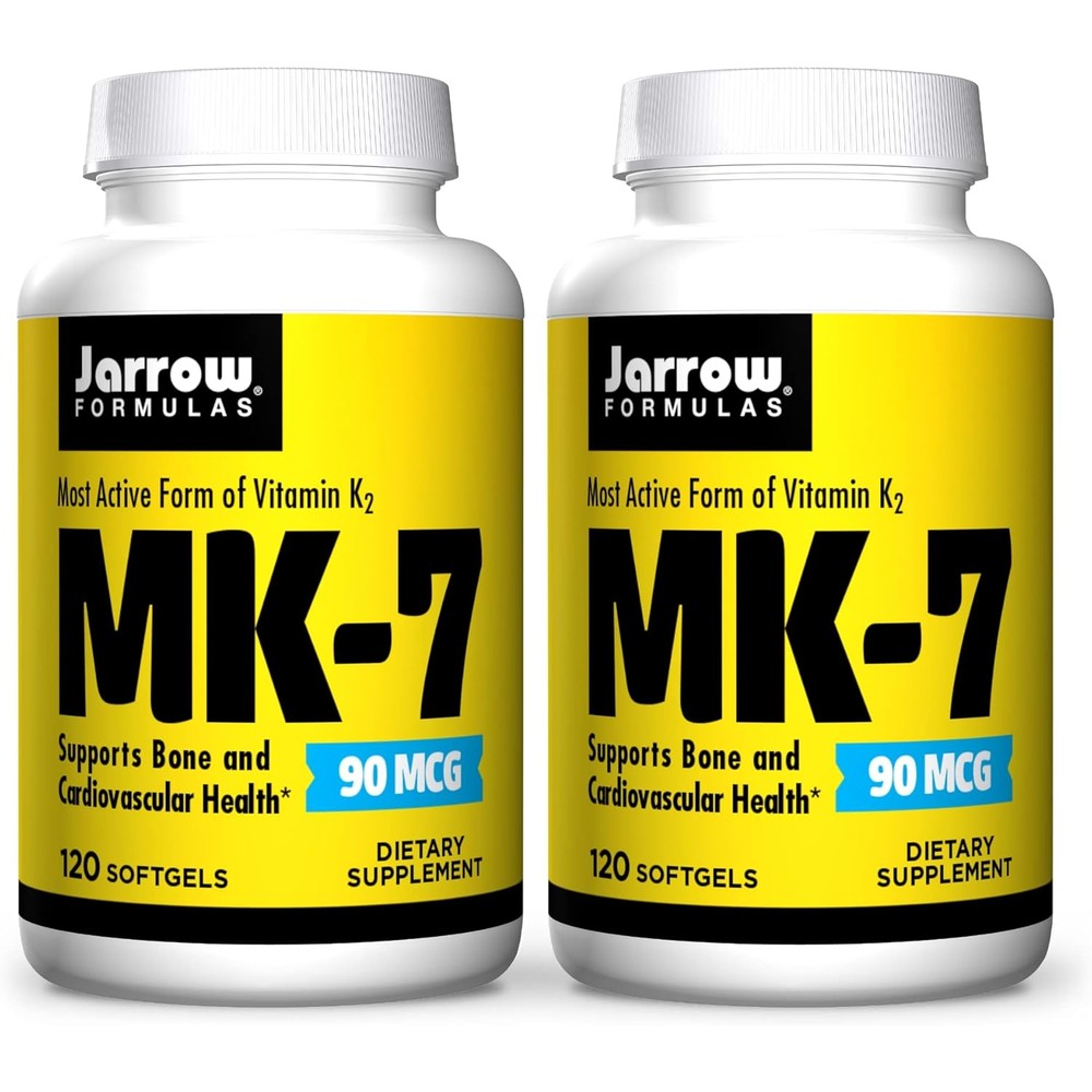 Jarrow Formulas MK7 Vitamin K2 front view of twin pack bottles showing 90 microgram dosage