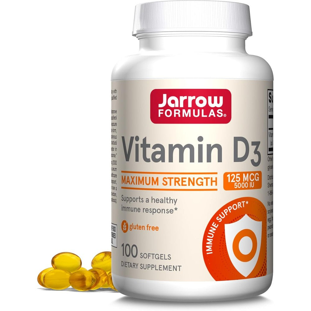 Jarrow Formulas Vitamin D3 5000 IU 100 Softgels front bottle view for immune health