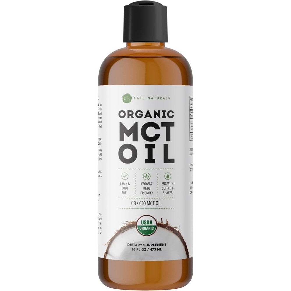 Kate Naturals MCT Oil for Coffee & Keto (16oz) USDA Certified Organic MCT Oil Liquid with only C8 & C10. Odorless Fuel for Body & Mind. No Aftertaste