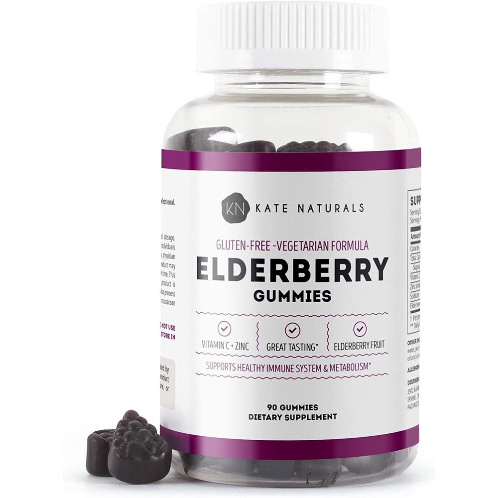 Kate Naturals Elderberry Gummies with Vitamin C and Zinc for Adults & Kids. Tasty Sambucus Elderberry Gummies for Immune Support (90 Gummies, 45 Day Supply)