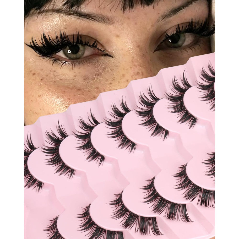 Kiromiro Bunny Lashes Strips Spiky False Eyelashes Clear Band Natural Faux Mink Lashes C Curl 15mm Wispy Manga Lashes Thin Band soft Strip Eyelashes Pack for Goth Makeup, 7 Pairs
