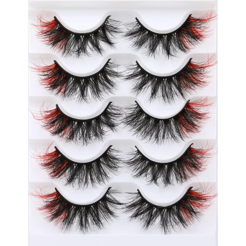 False Eyelashes Volume Mink Lashes Wispy Colored Lashes Black with Red Ends Strip Lashes Pack by Kiromiro (Red)