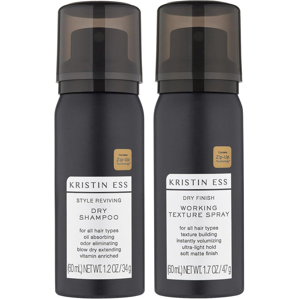 Kristin Ess Hair Travel Dry Styling Set - Vitamin C Dry Shampoo Powder Spray + Light Hold Texturizing Spray - Volumizing + Oil Absorbing + Shine Enhancing for Dark, Brunet