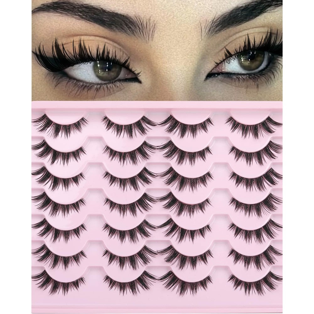 Kiromiro False Eyelashes Bunny Lashes Strips Spiky Eyelashes Natural Look Faux Mink Lashes C Curl 15mm Wispy Manga Lashes Clear Band soft Strip Eyelashes Pack for Goth Makeup, 14 Pairs