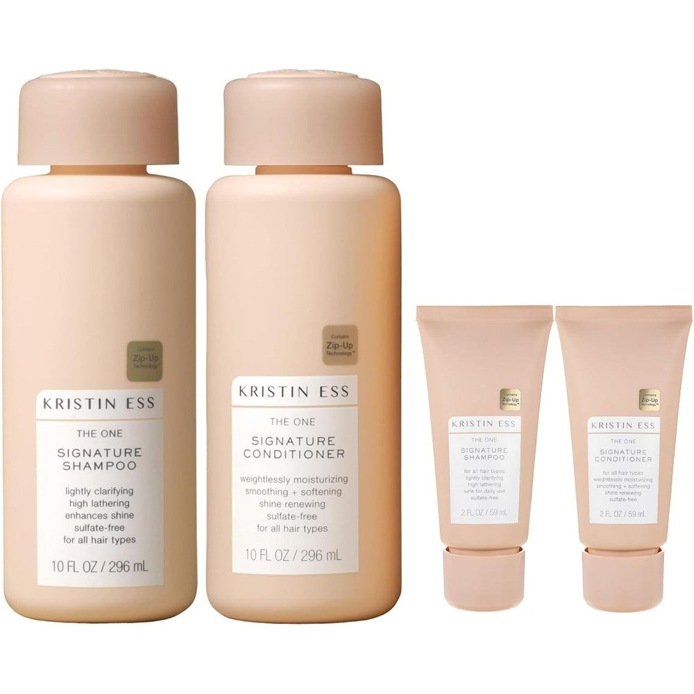 Kristin Ess Hair Signature Sulfate Free Full + Travel Size Shampoo and Conditioner Set for Moisture, Frizz + Shine - Color Safe, Vegan, Paraben Free - Clarifying, Hydrating Damage Repair for Women