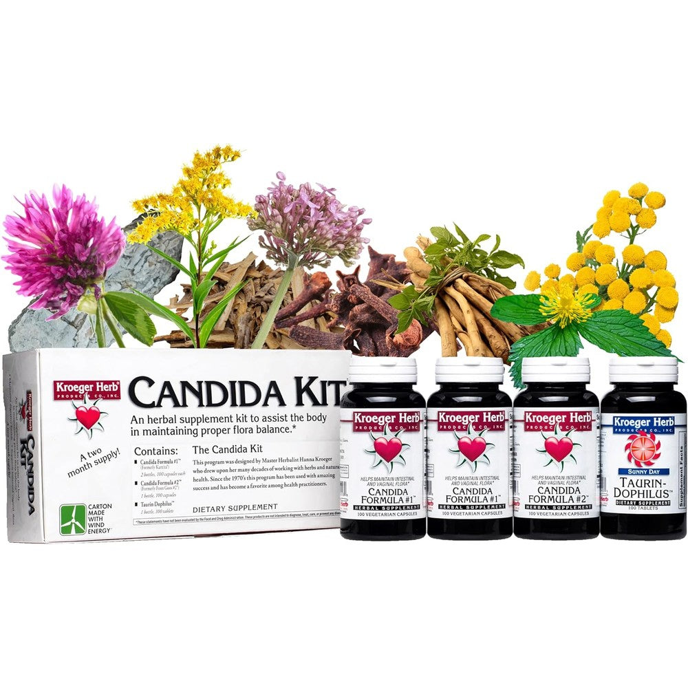Kroeger Herb Products Candida Support Kit front view of the two month program packaging.