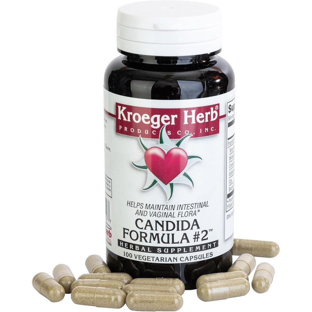 Kroeger Herb Candida Formula Number 2 front view bottle of intestinal support supplement.