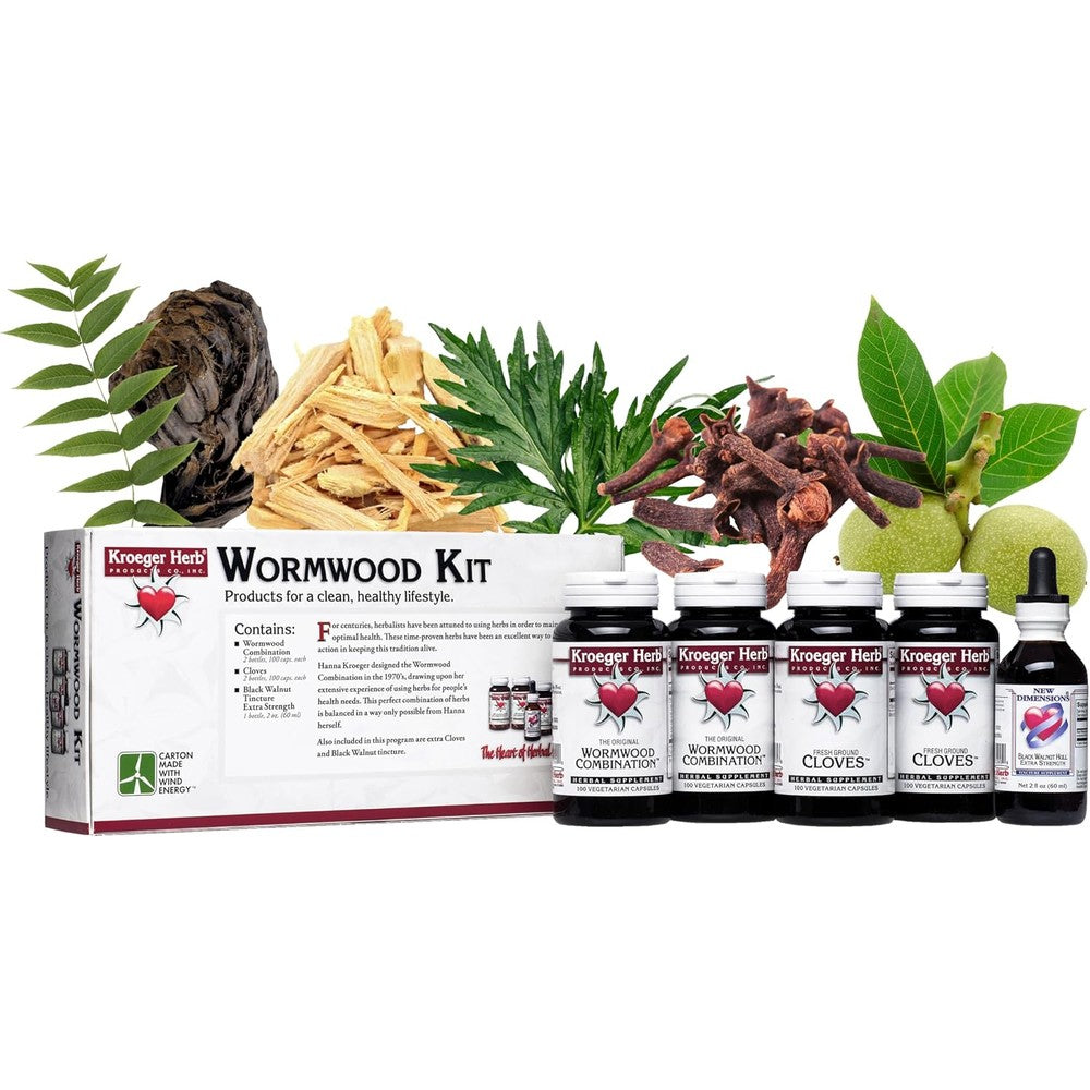 Kroeger Herb Products Wormwood Herb Supplement Kit front packaging view for digestive detox.