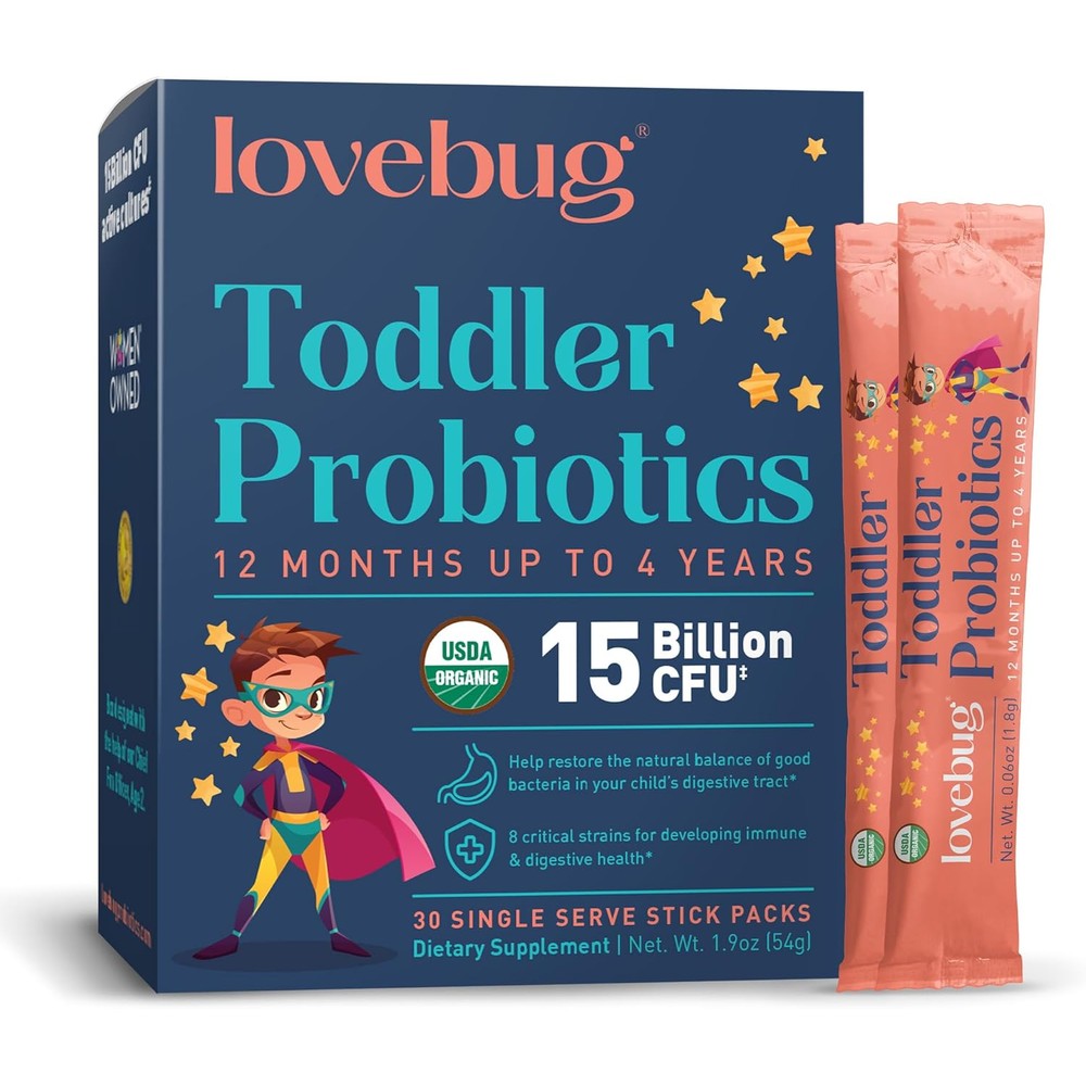 Lovebug Kids Probiotic Powder front view box of 30 unflavoured toddler stick packs