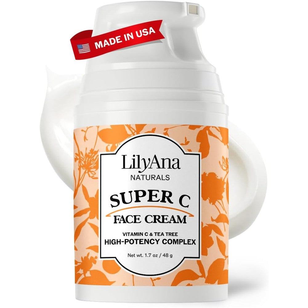 LilyAna Naturals Super C face and neck moisturizer front view bottle for hyperpigmentation treatment