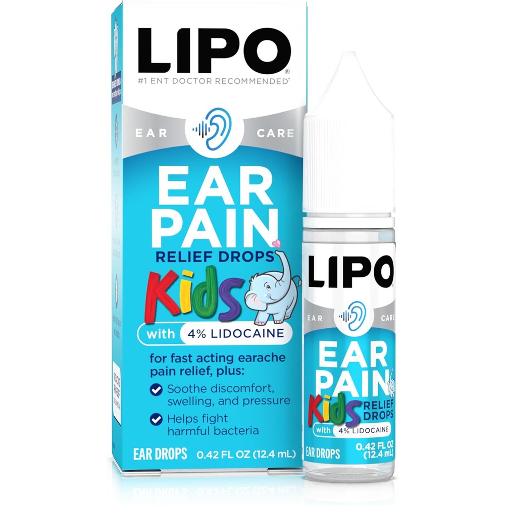 Lipo Kids Ear Pain Relief Drops & Fast Acting 4 Percent Lidocaine Formula for Swimmer's Ear, Cold & Flu, Allergies, Safe for Adults & Children