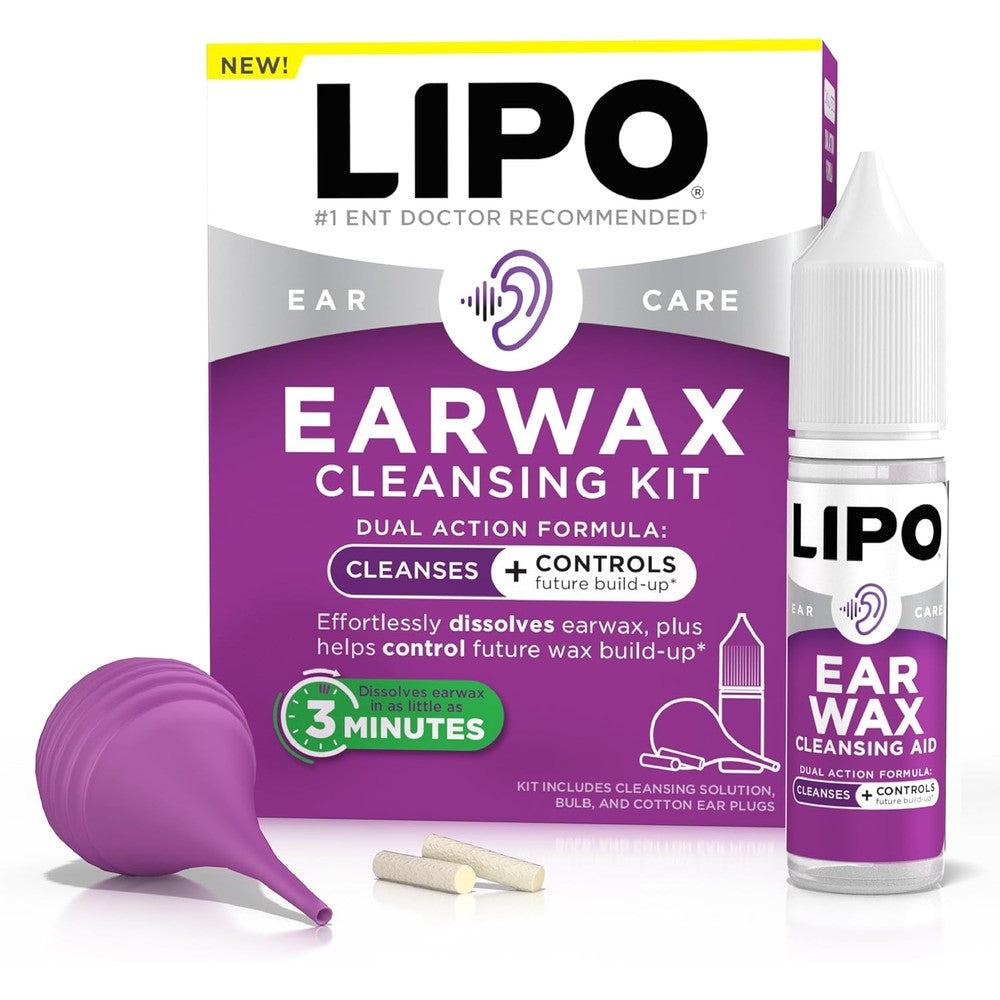 Lipo Earwax Cleansing Kit with Peroxide Free Ear Drops & Bulb Syringe & Cotton Plugs, Effortlessly Dissolves Ear Wax, Easy to Use Ear Wax Removal Kit,